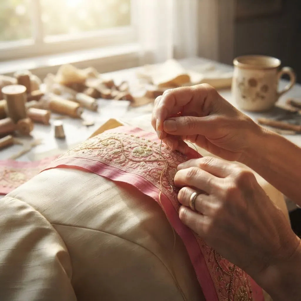 Cinta Pasamanería Bordada Vintage Seda Rosado