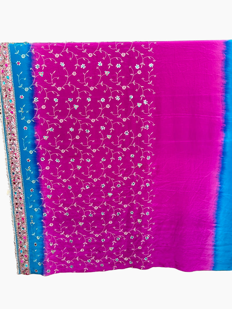 Corte Sari Indio Vintage Seda Pedrería Degradé Fucsia
