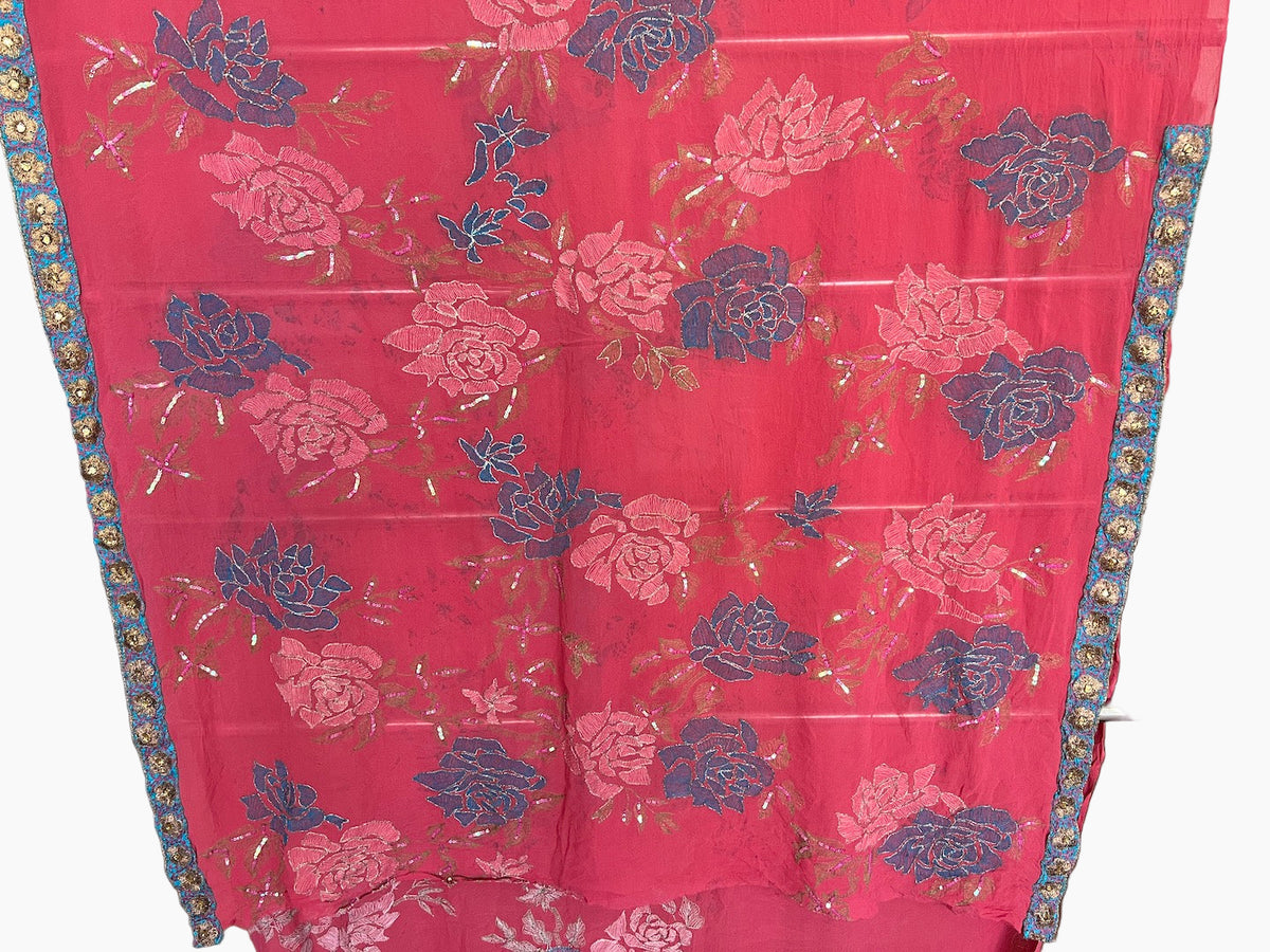 Corte Sari Indio Vintage Seda Bordado Rosado Pieza única
