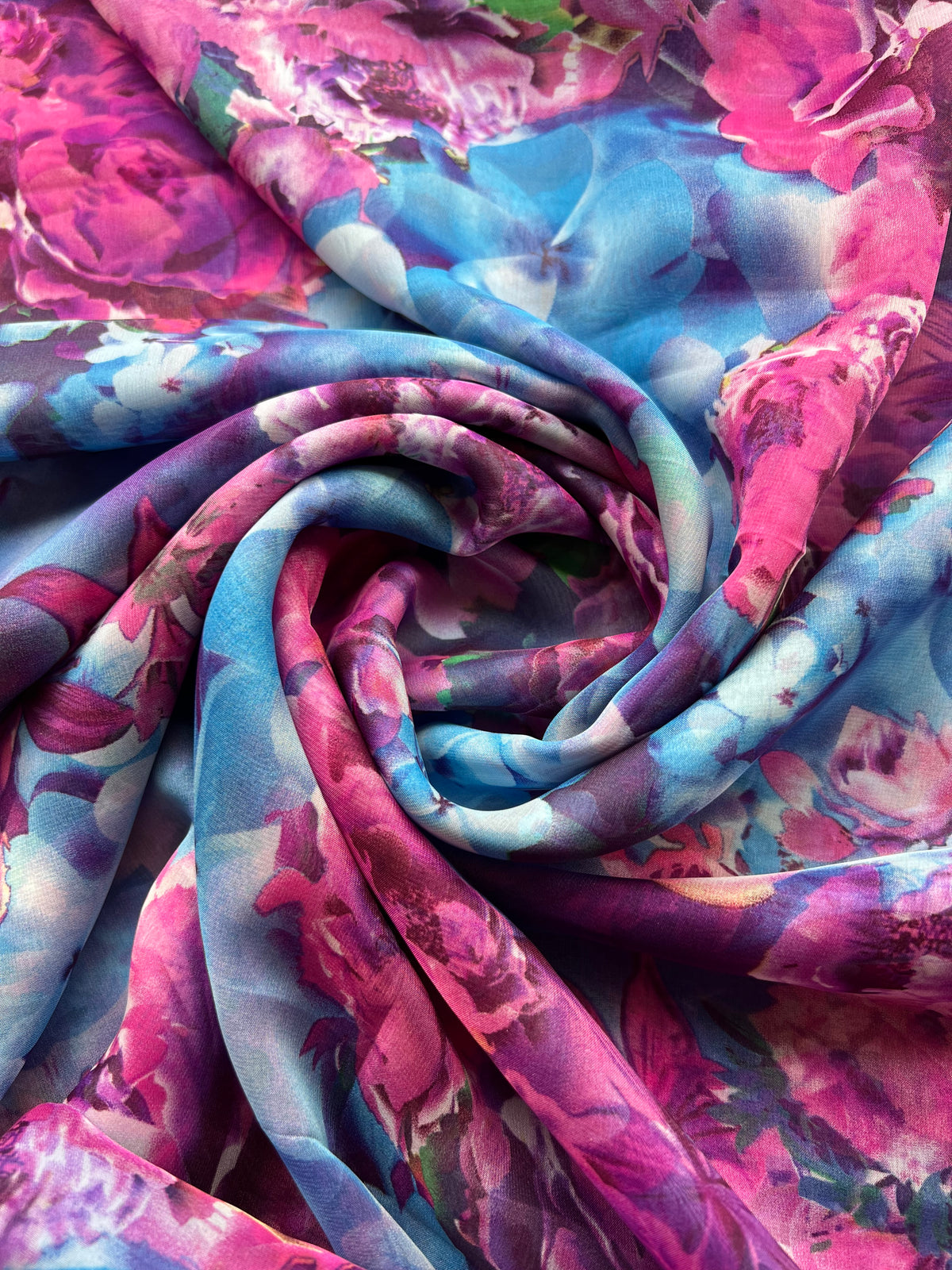 Gasa Chiffón Estampada Fiesta Floral Morado / Azul