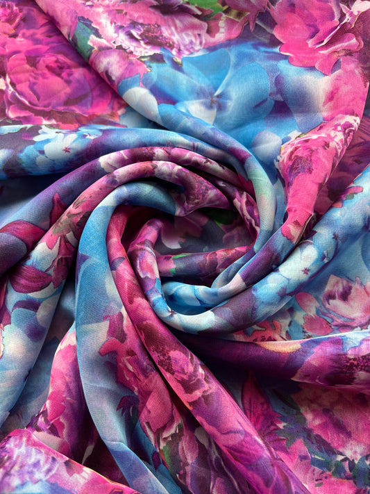 Gasa Chiffón Estampada Fiesta Floral Morado / Azul