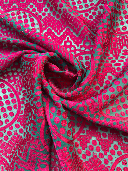 Devoré Poliéster Fiesta Verde /Fucsia