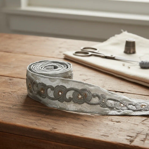 Cinta Pasamanería Bordada Vintage Seda Plateado