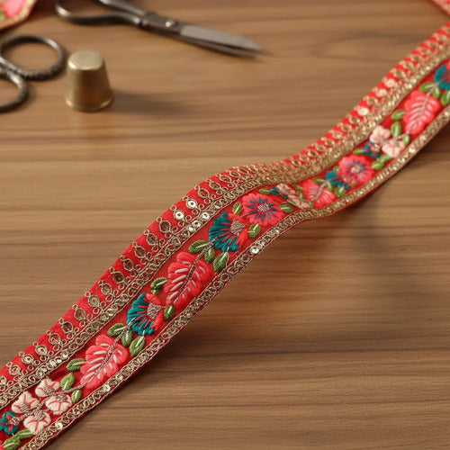 Cinta Pasamanería Bordada India Ancha Rojo