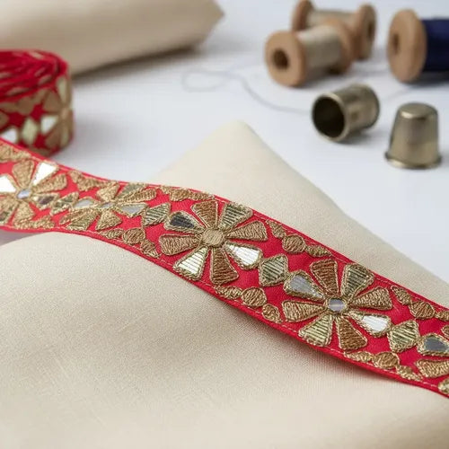 Cinta Pasamanería Bordada India Ancha Rosado