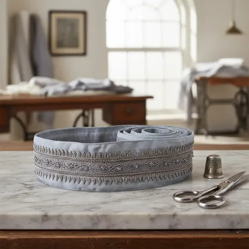 Cinta Pasamanería Bordada Vintage Seda Plateado