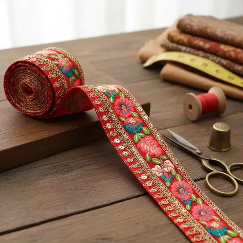 Cinta Pasamanería Bordada India Ancha Rojo