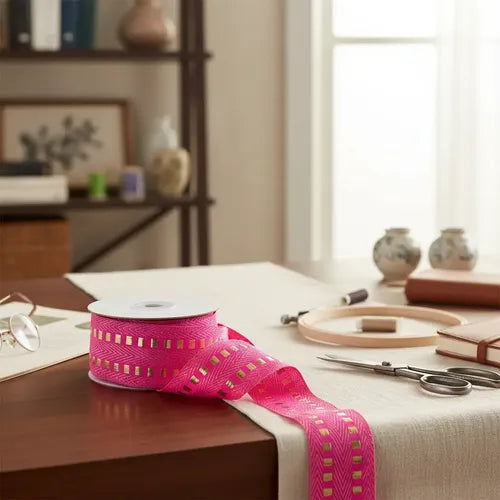 Cinta Pasamanería Bordada India Ancha Rosado