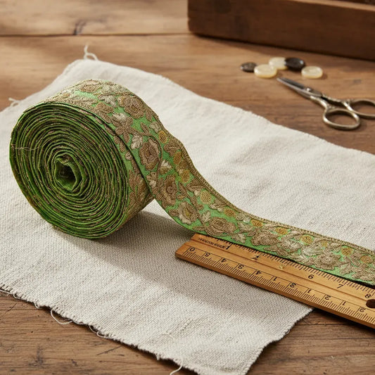 Cinta Pasamanería Bordada India Ancha Verde