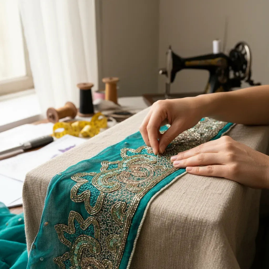 Cinta Pasamanería Bordada Vintage Seda Turquesa
