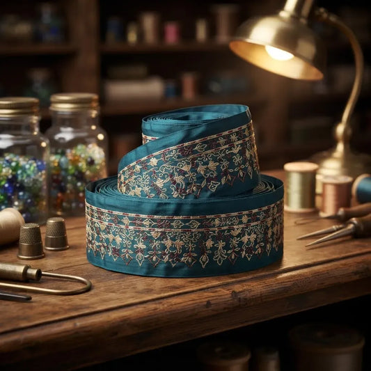Cinta Pasamanería Bordada Vintage Seda Turquesa