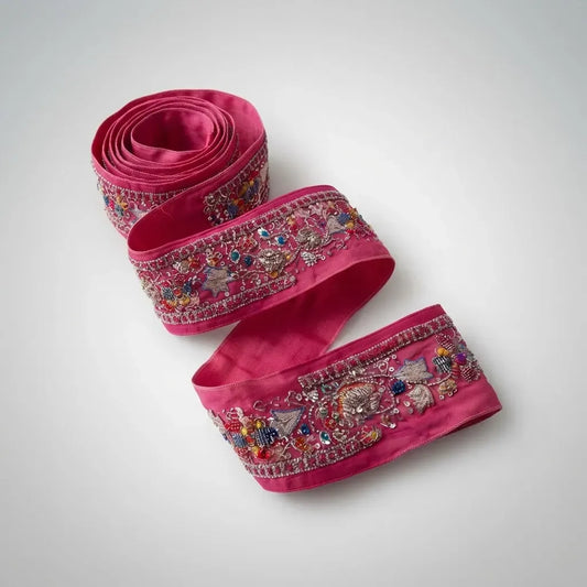 Cinta Pasamanería Bordada Vintage Seda Rosado