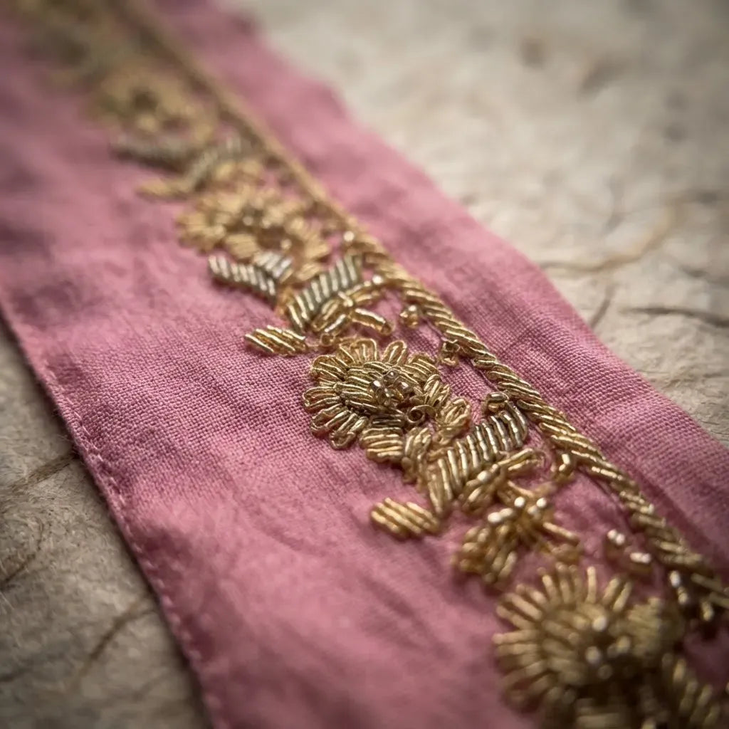 Cinta Pasamanería Bordada Vintage Seda Rosado