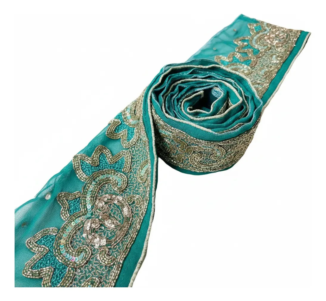 Cinta Pasamanería Bordada Vintage Seda Turquesa