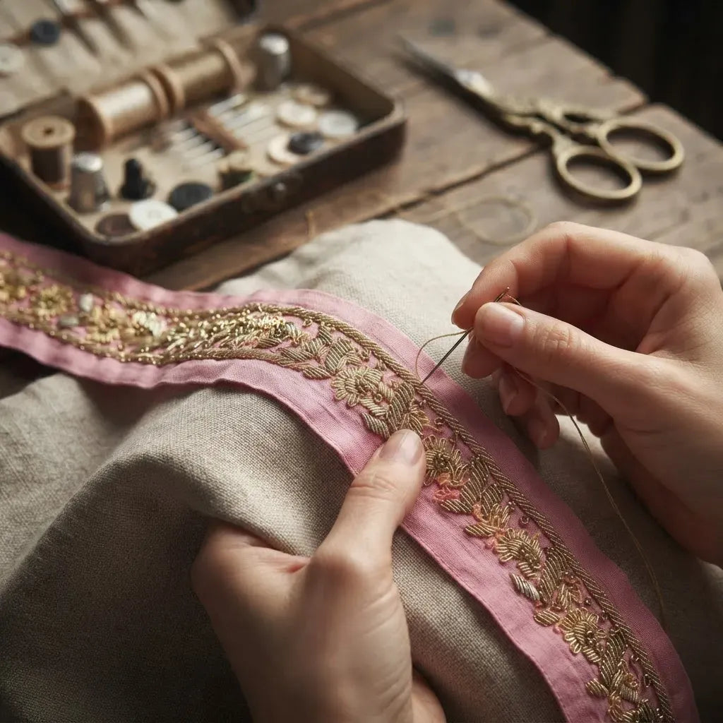 Cinta Pasamanería Bordada Vintage Seda Rosado