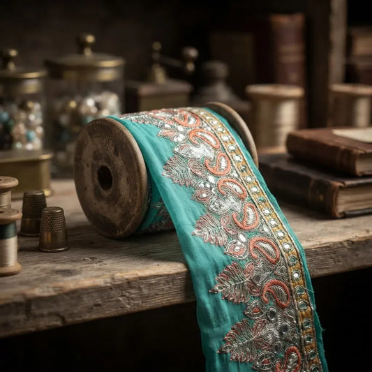 Cinta Pasamanería Bordada Vintage Seda Turquesa