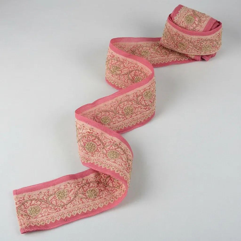Cinta Pasamanería Bordada Vintage Seda Rosado
