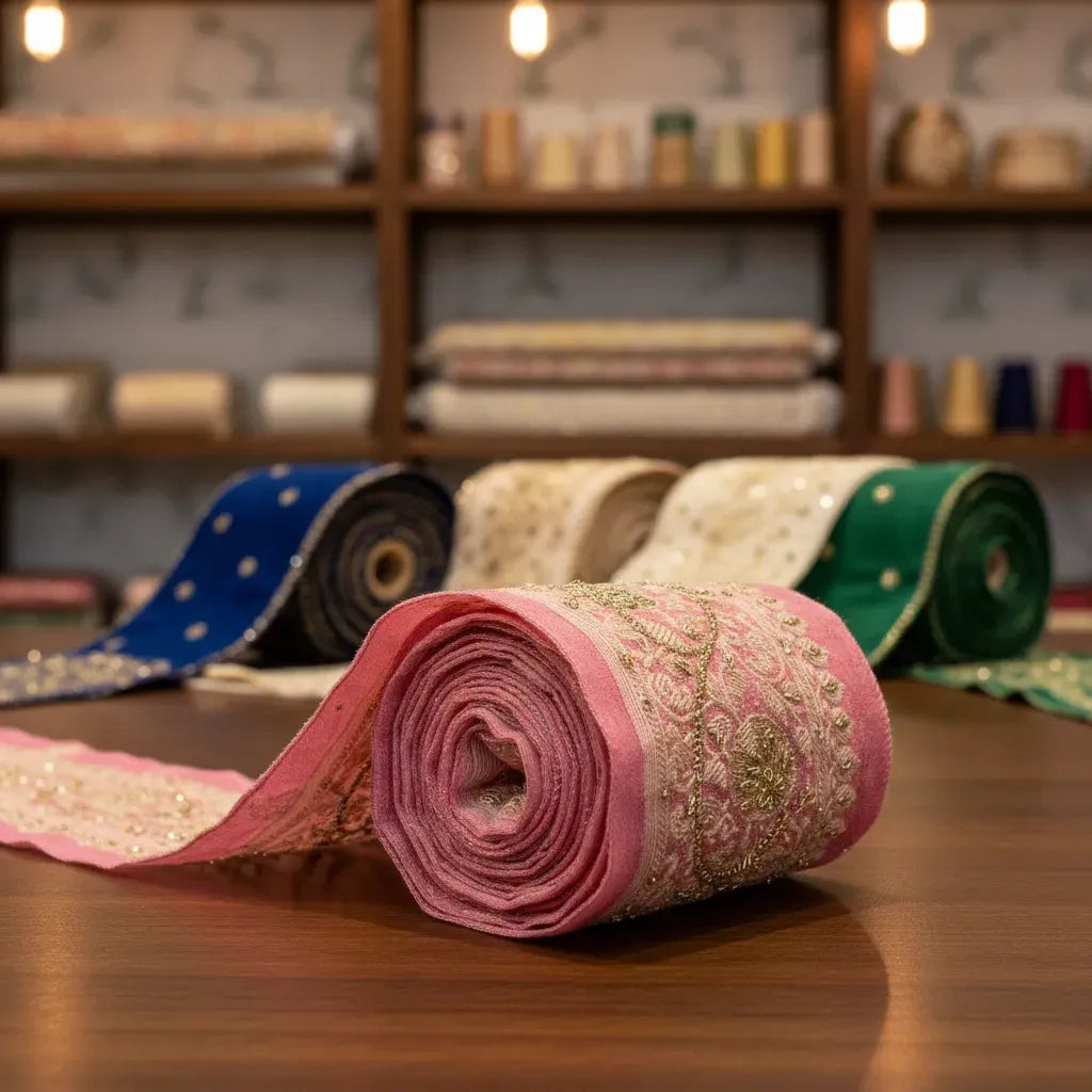 Cinta Pasamanería Bordada Vintage Seda Rosado