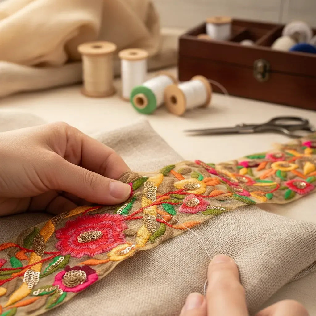 Cinta Pasamanería Bordada India Ancha Rosado / Amarillo