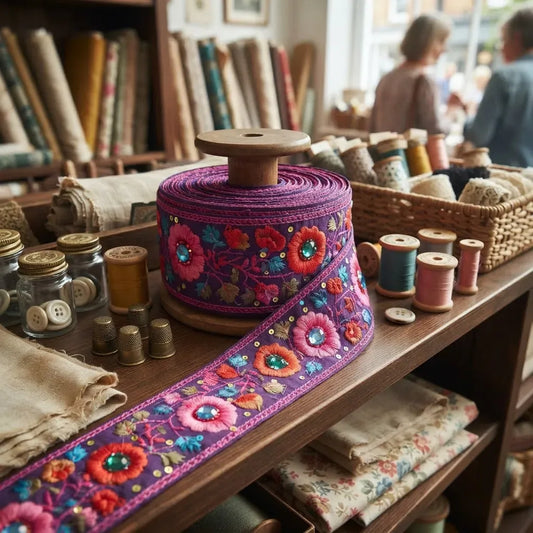 Cinta Pasamanería Bordada Vintage Seda Morado