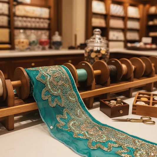 Cinta Pasamanería Bordada Vintage Seda Turquesa