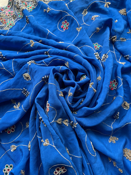 Sari De Seda Indio Vintage Pedrería Azul