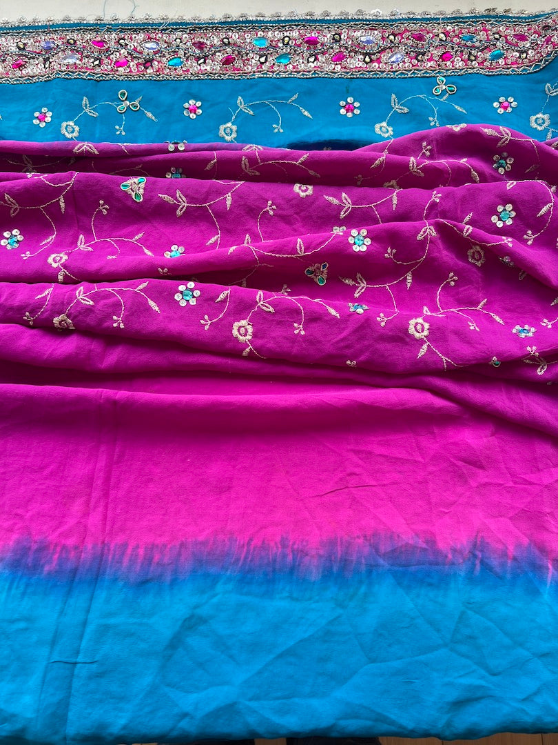 Corte Sari Indio Vintage Seda Pedrería Degradé Fucsia