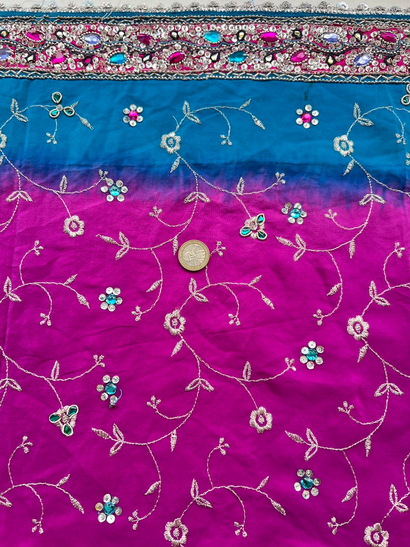 Corte Sari Indio Vintage Seda Pedrería Degradé Fucsia