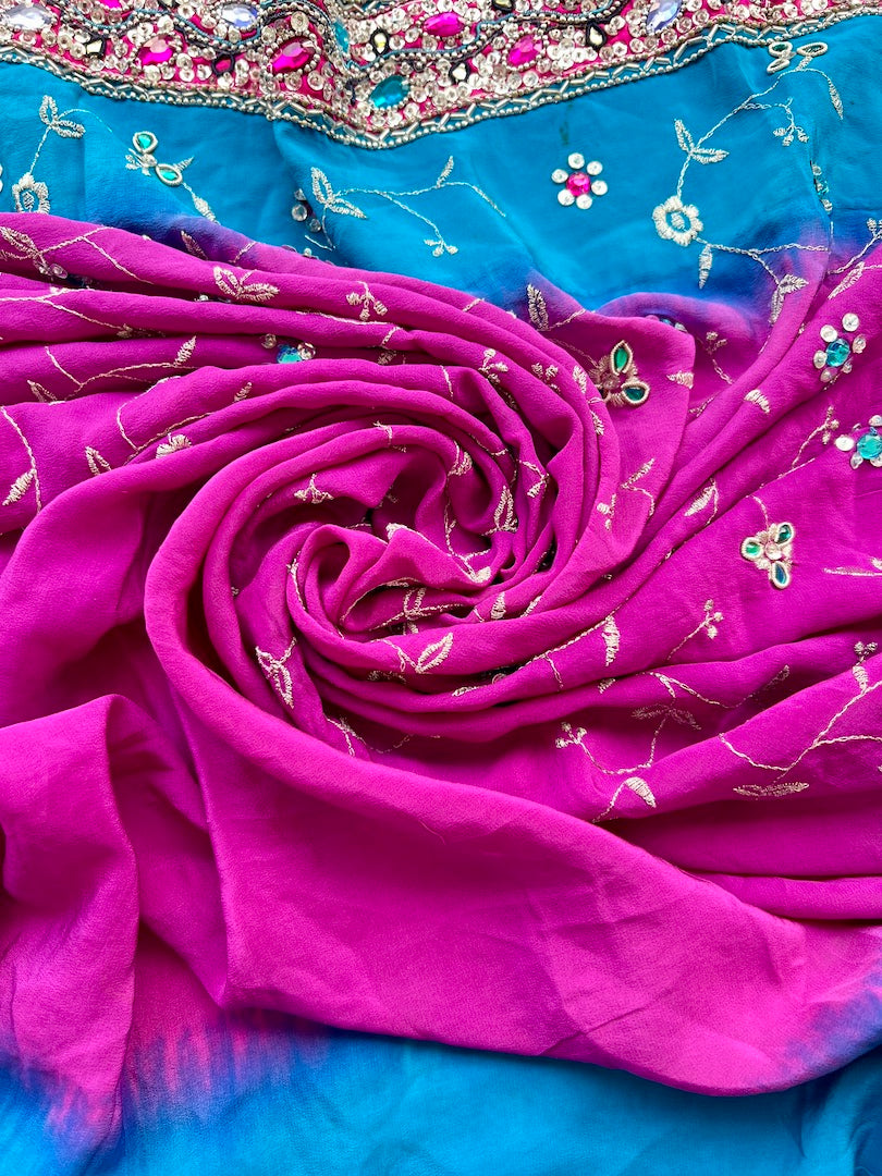 Corte Sari Indio Vintage Seda Pedrería Degradé Fucsia