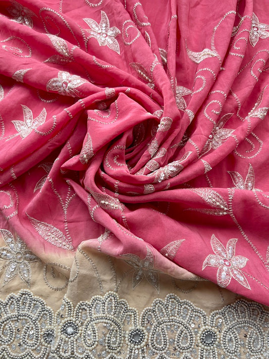Corte De Sari Indio Vintage Seda Pedrería Rosado