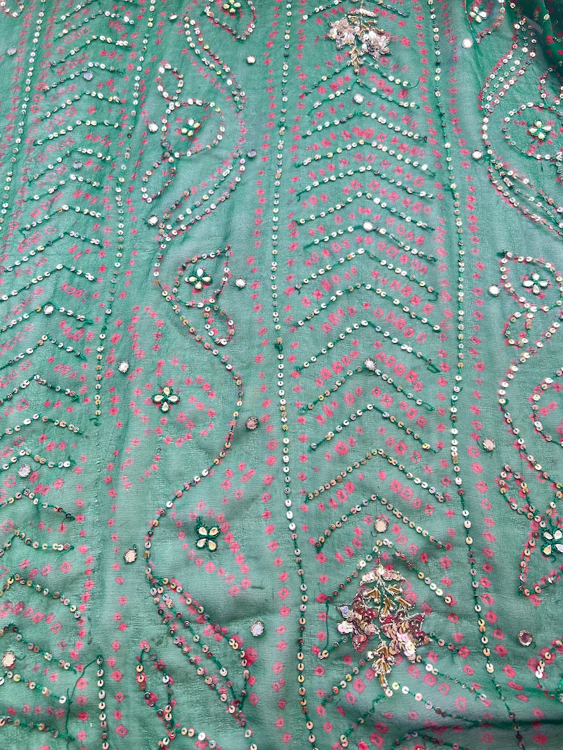 Corte Sari Indio Vintage Seda Bordado Verde Pieza única