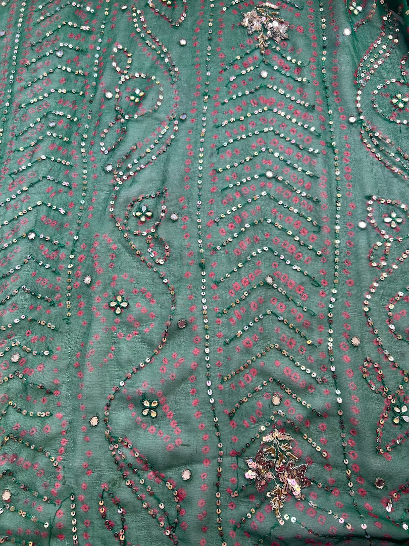 Corte Sari Indio Vintage Seda Bordado Verde Pieza única