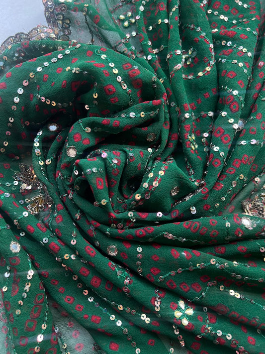 Corte Sari Indio Vintage Seda Bordado Verde Pieza única