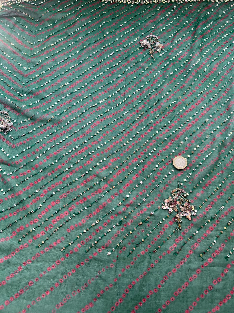 Sari Indio Vintage Seda Bordado Verde Pieza única