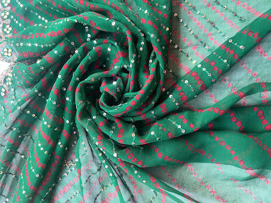 Sari Indio Vintage Seda Bordado Verde Por Metro