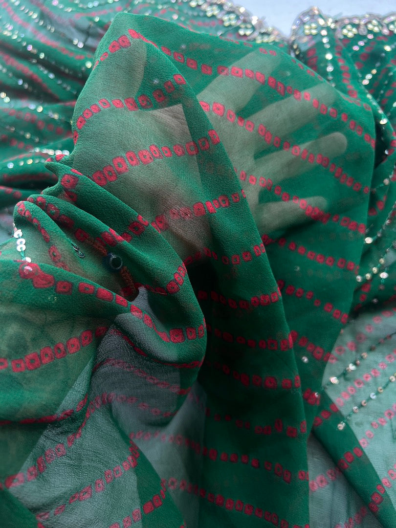 Sari Indio Vintage Seda Bordado Verde Pieza única