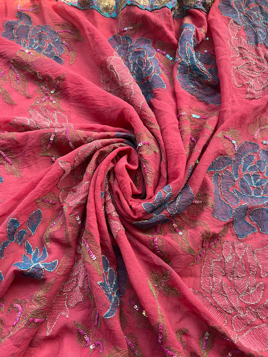 Corte Sari Indio Vintage Seda Bordado Rosado Pieza única