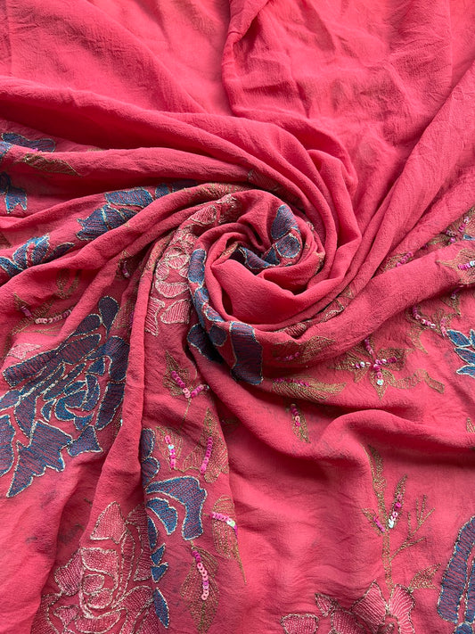 Sari Indio Vintage Seda Bordado Rosado Por Metro