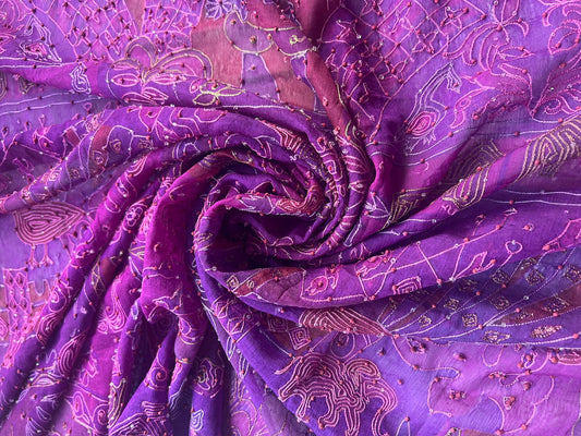 Corte Sari Indio Vintage Seda Bordado Morado Pieza Única