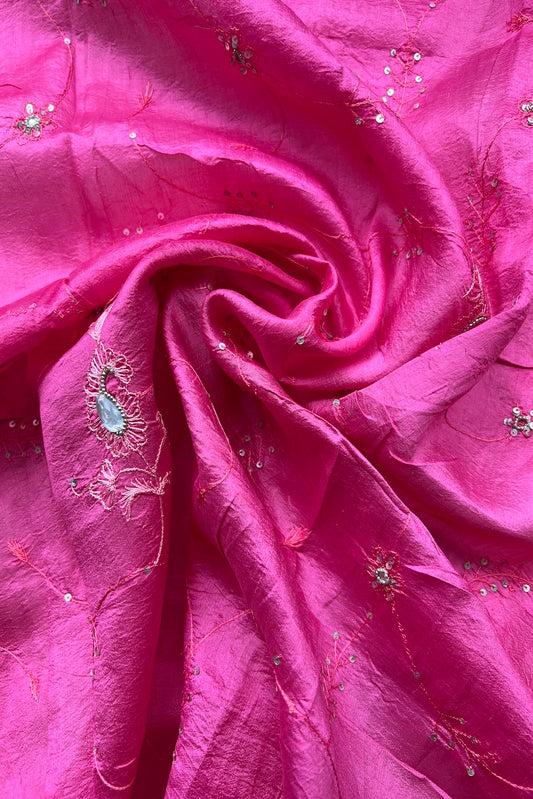 Corte Sari Indio Vintage Seda Bordado Rosado Pieza Única
