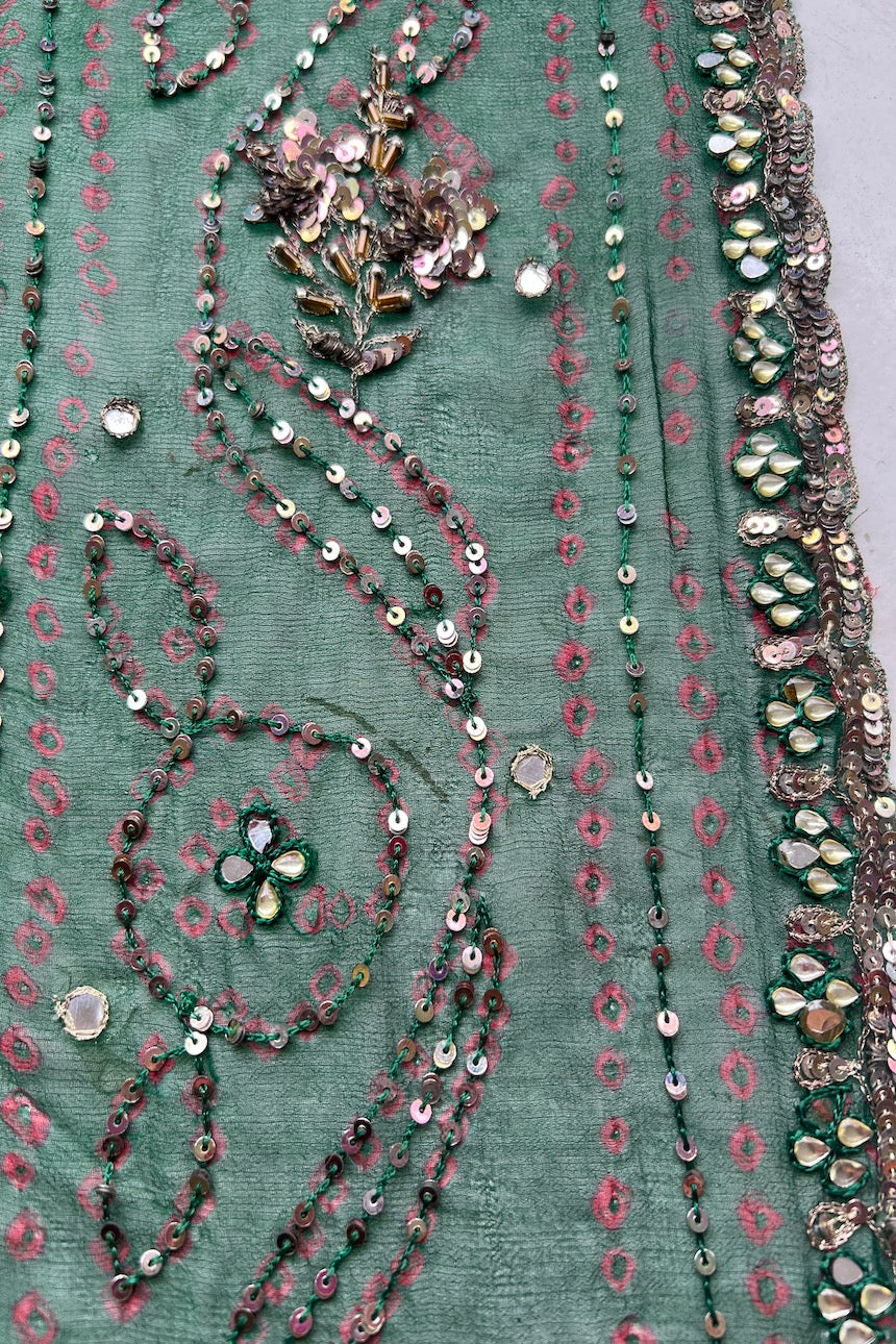 Corte Sari Indio Vintage Seda Bordado Verde Pieza única