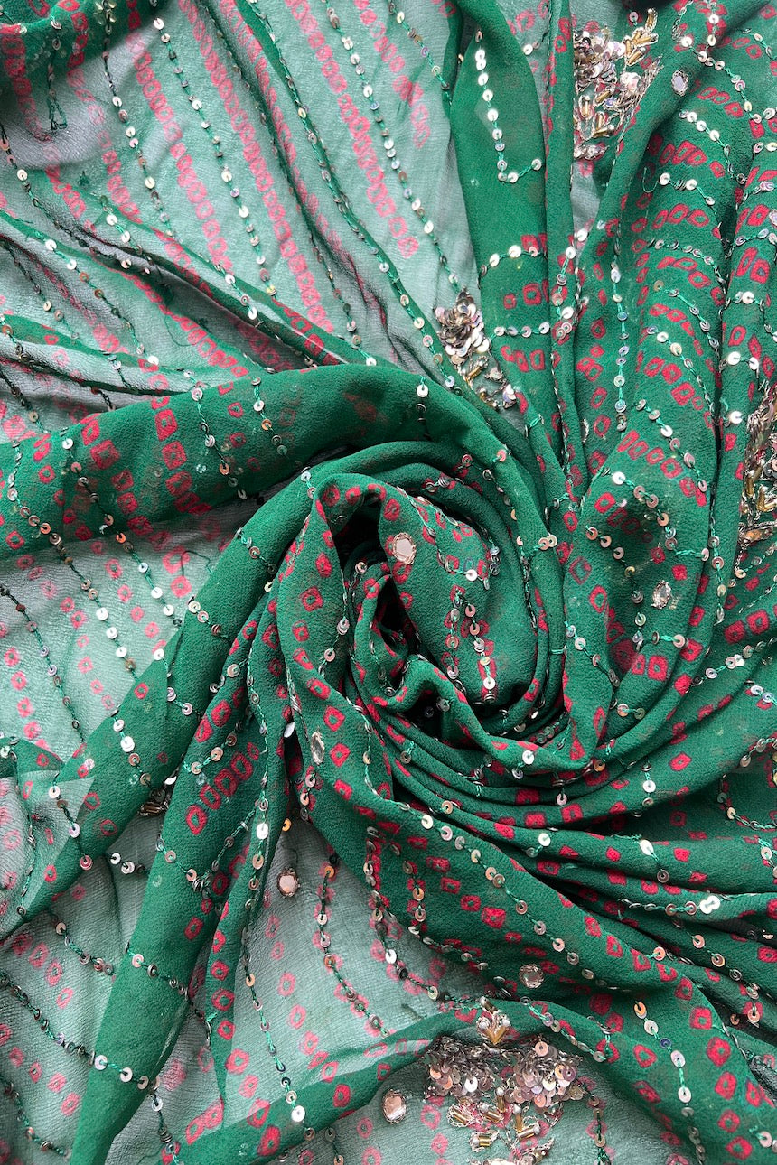 Sari Indio Vintage Seda Bordado Verde Pieza única