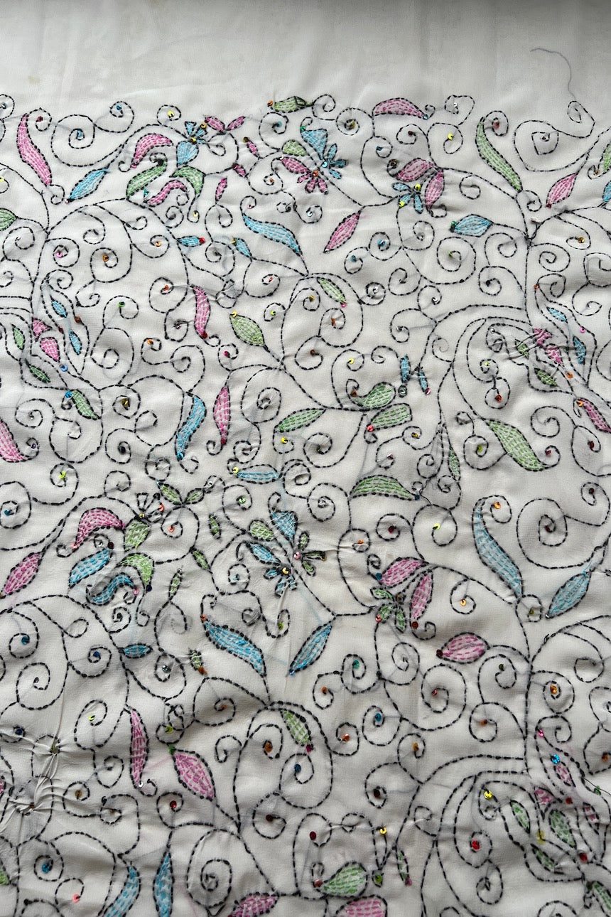 Sari Indio Vintage Seda Bordado Blanco