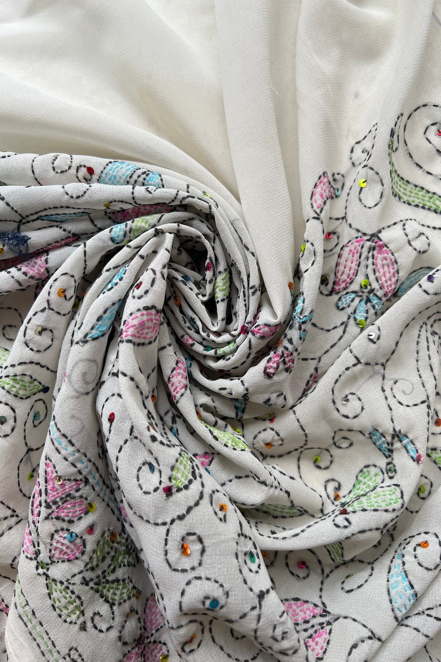Sari Indio Vintage Seda Bordado Blanco