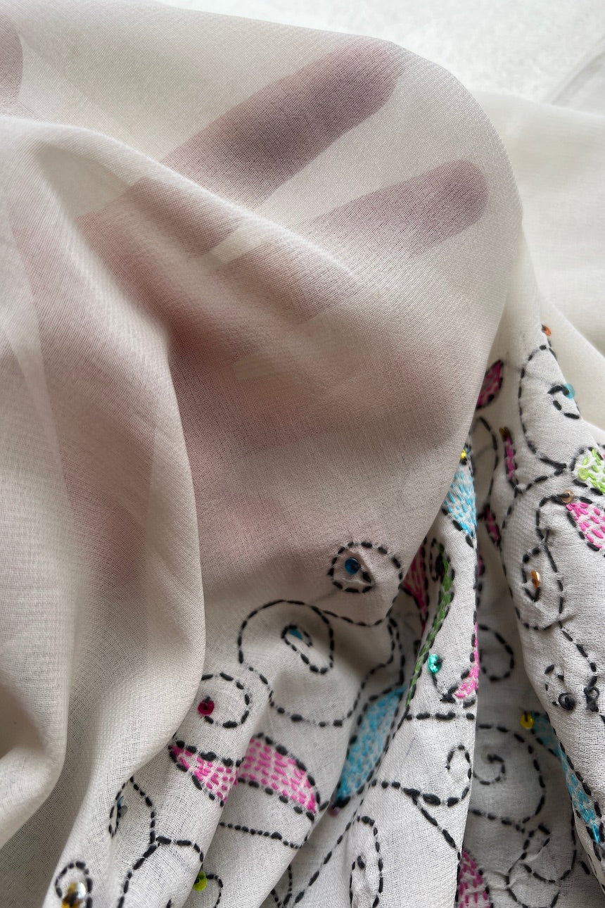 Sari Indio Vintage Seda Bordado Blanco