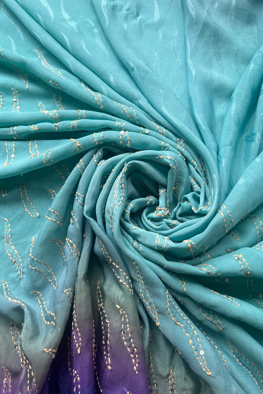 Sari Indio Vintage Pedrería Celeste Por Metro