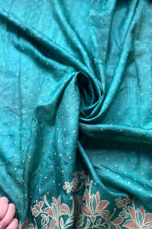 Sari Indio Vintage Seda Verde Por Metro