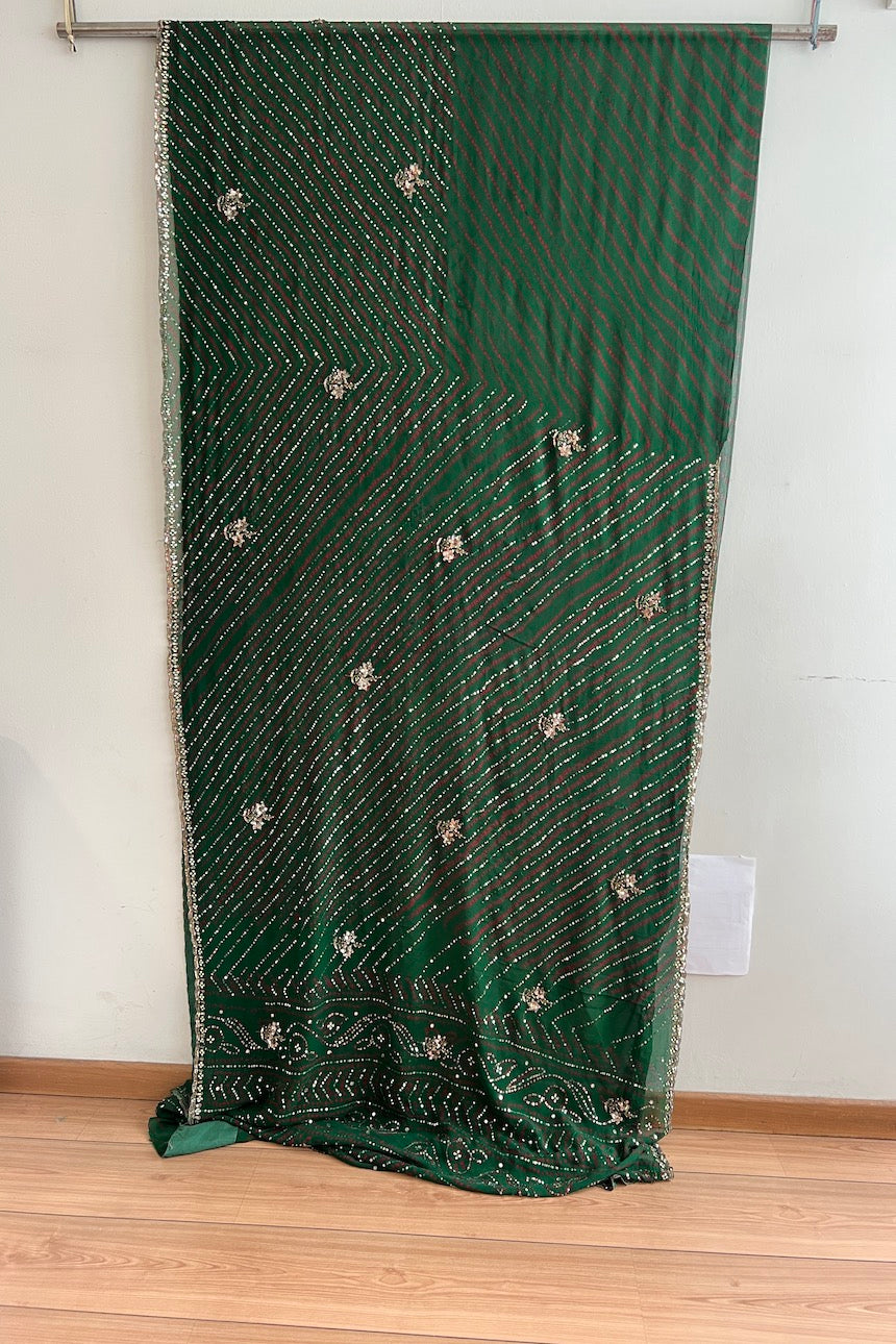 Corte Sari Indio Vintage Seda Bordado Verde Pieza única