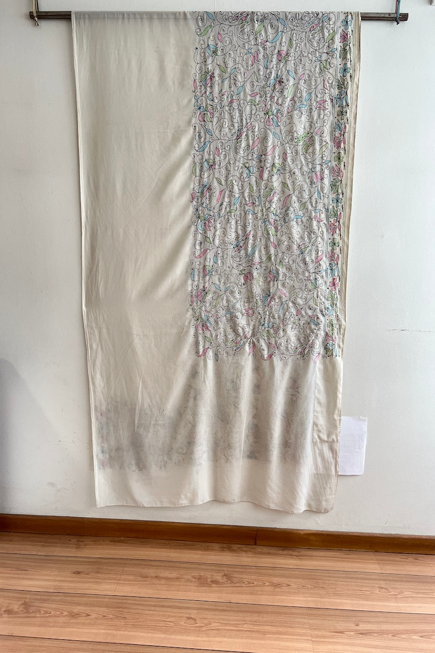 Sari Indio Vintage Seda Bordado Blanco