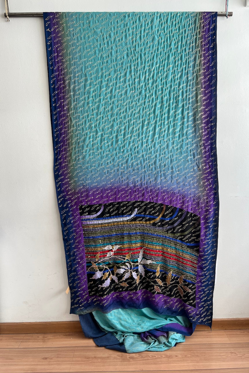 Sari Indio Vintage Pedrería Celeste Por Metro